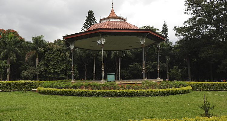 Historic Bandstand Pavilion at Cubbon Park, Bangalore, a scenic landmark surrounded by lush greenery