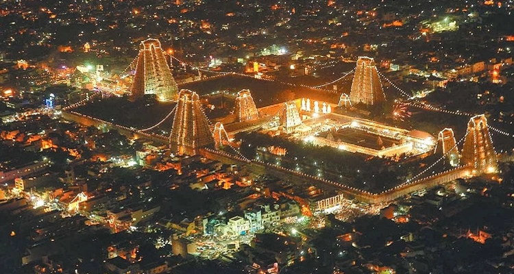Spectacular night view of Karthigai Deepam festival at Arunachalam Temple, Thiruvannamalai.