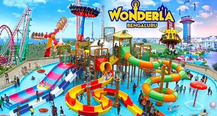 Wonderla Bengaluru, a vibrant water park with various colorful slides, rides, and attractions.